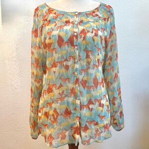 Women's Sundance Crinkle Silk Top, Size XL, Sheer Antelope Print, Like New